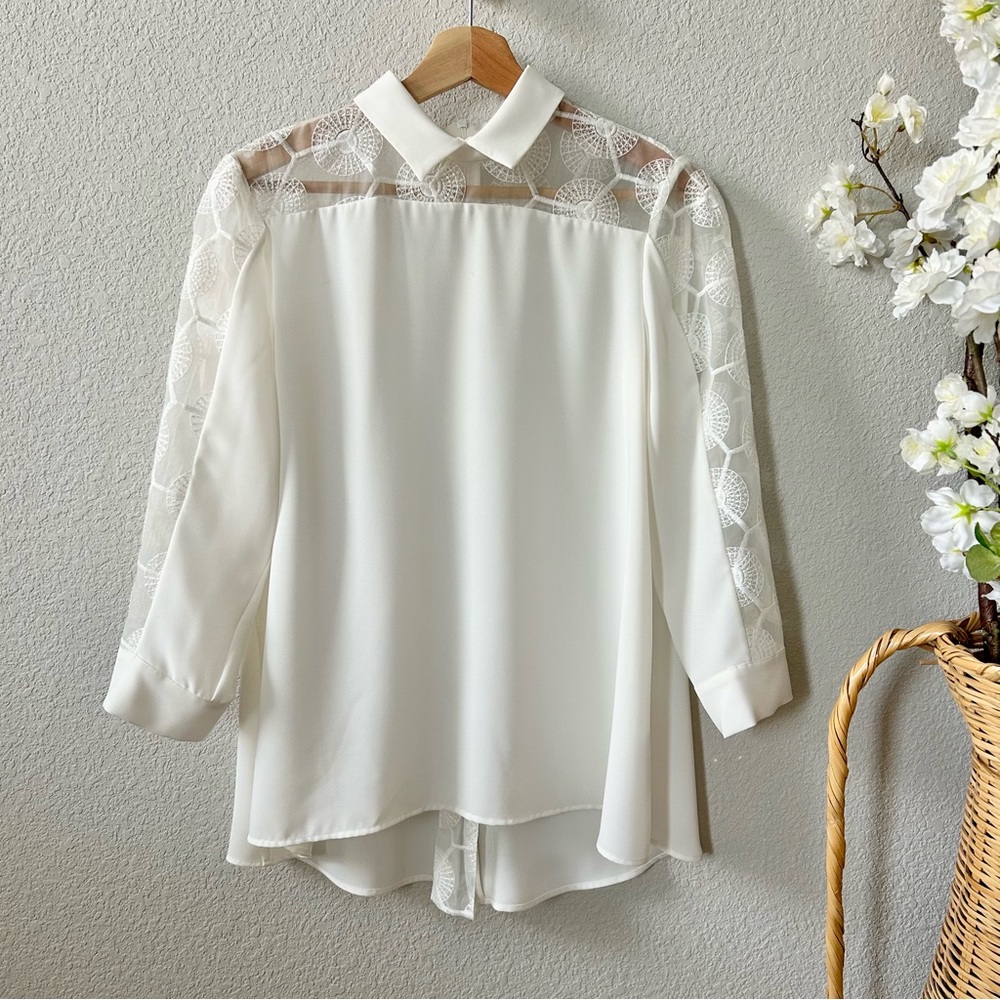 Anne Fontaine Ivory Lace Alba Shirt Size 40 US 6-8 Long Sleeve Collar